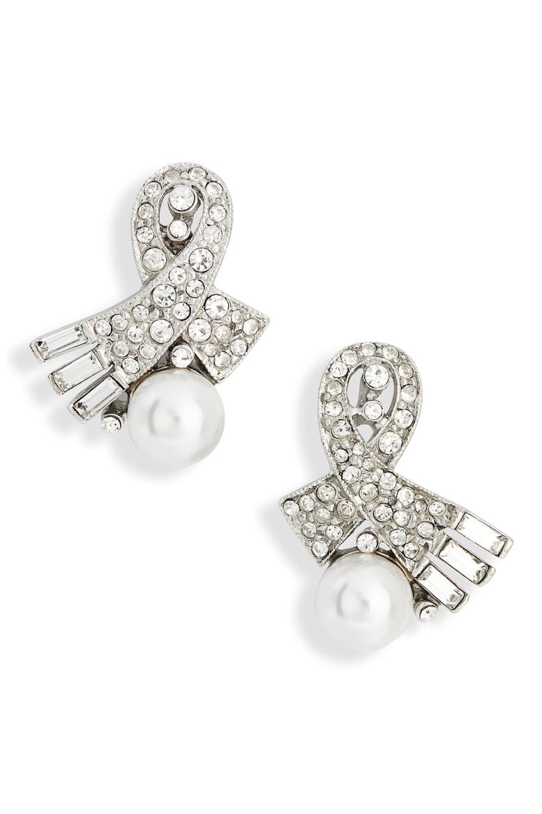 Faux Pearl & Crystal Stud Earrings, Main, color, SILVER
