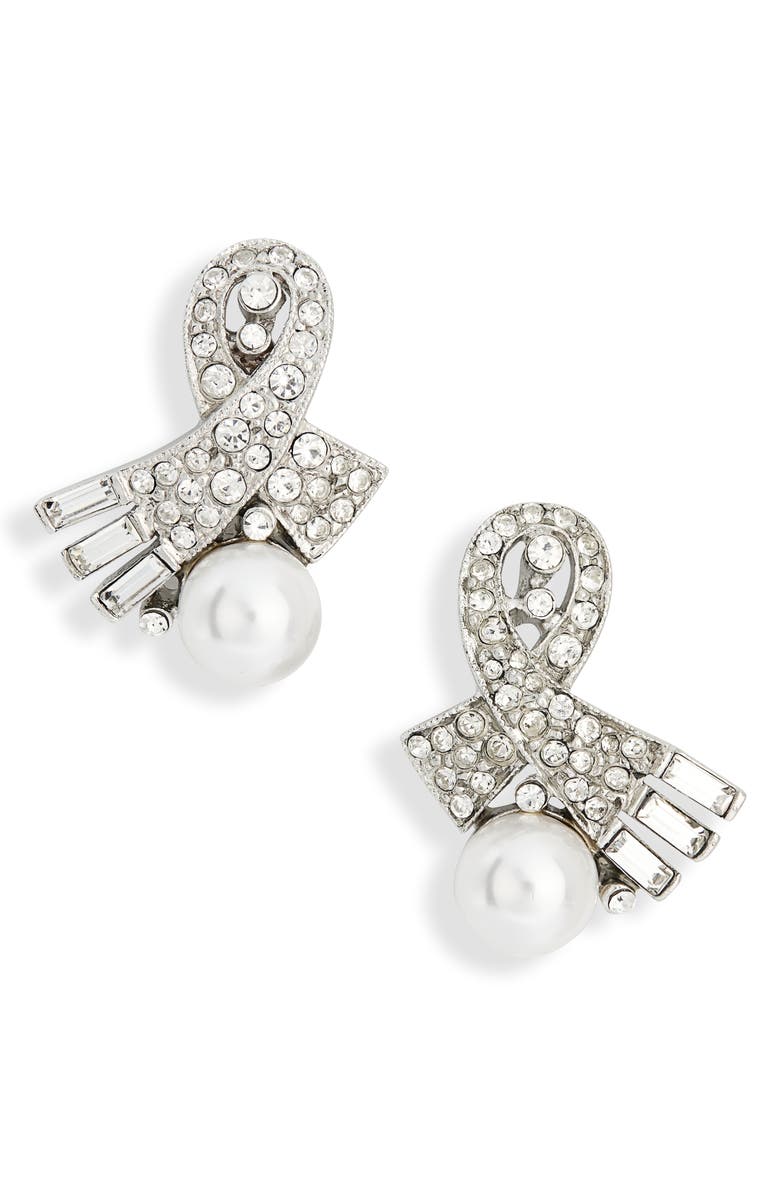 Kenneth Jay Lane Faux Pearl & Crystal Stud Earrings, Main, color, Silver