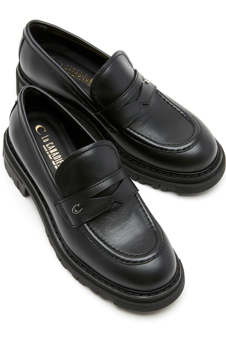 La Canadienne Doe Waterproof Platform Penny Loafer, Alternate, color, Black Leather
