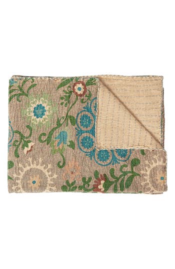 Taj Hotel Vintage Cotton Kantha Throw Blanket In Beige Blue
