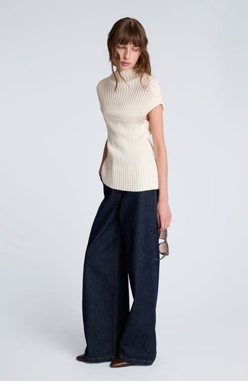 Kenneth Cole Ribbed Mock Neck Asymmetric Hem Top In White