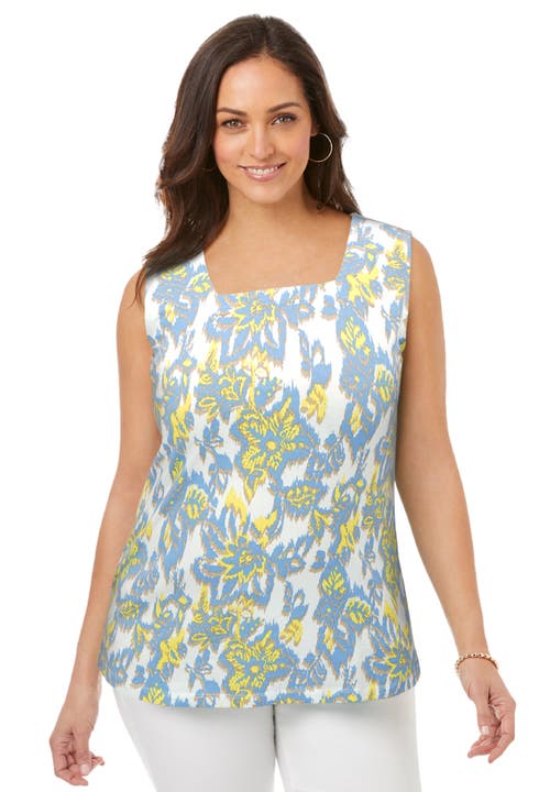 Jessica London Stretch Cotton Square Neck Tank In Multi