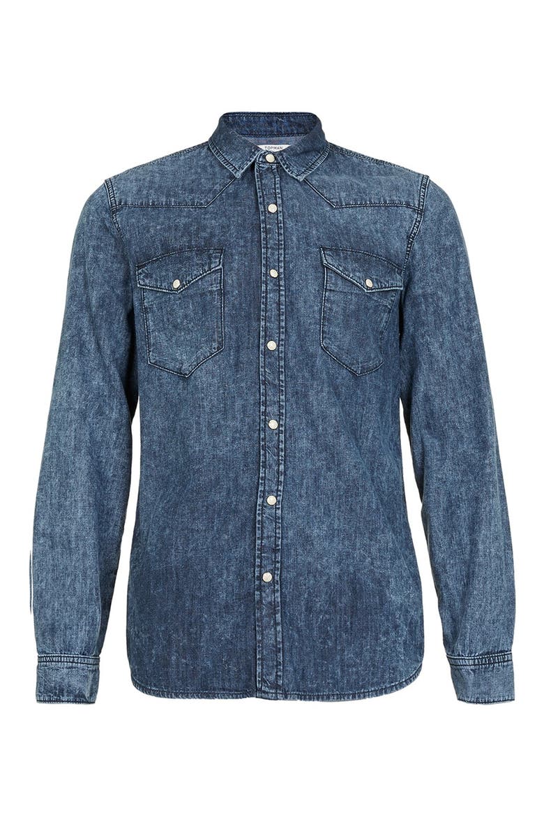 Acid Wash Denim Western Shirt, Alternate, color, MID BLUE