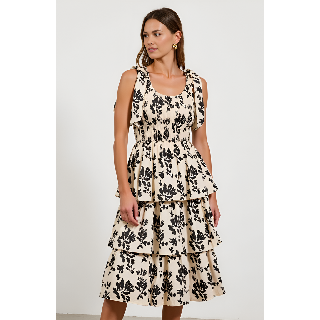 Modenaire Smocked Tiered Midi Dress With Bow-tie Straps In Ivory/black Floral