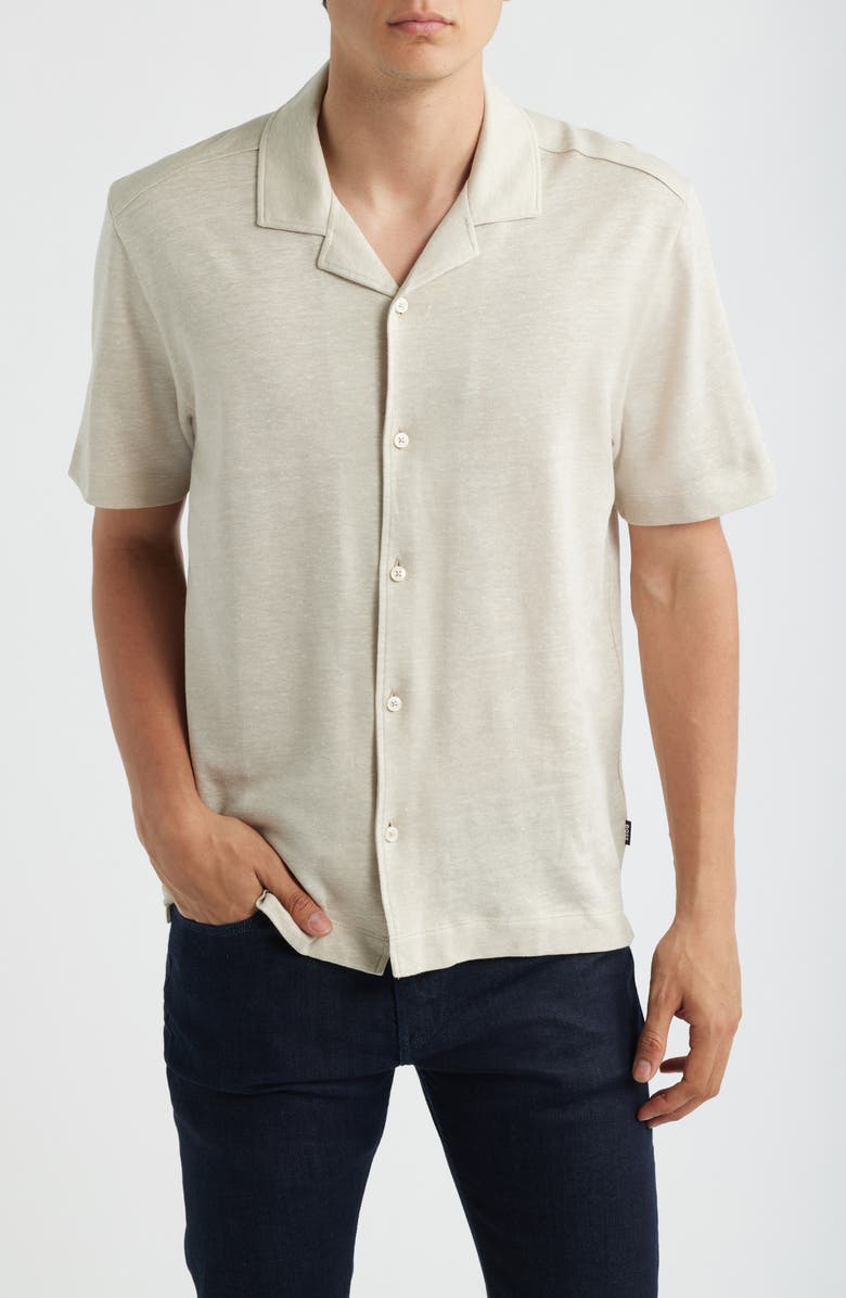 BOSS Powell Linen & Cotton Camp Shirt, Main, color, Open Beige