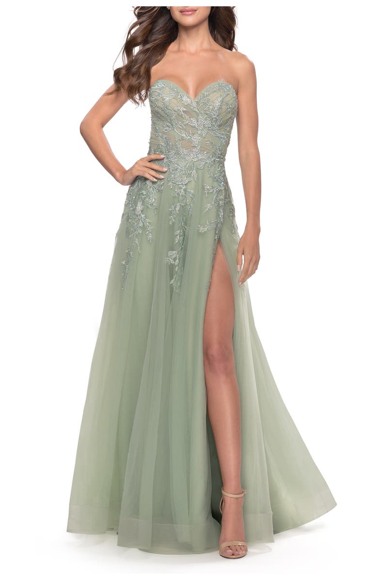 La Femme Sweetheart Tulle Strapless Gown with Lace Applique, Alternate, color, 