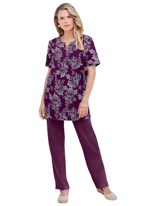 Plus Size Soft Knit Print Tunic With Notch Neckline (plus)