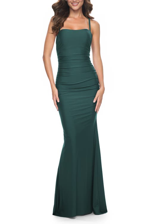 La Femme Simple Ruched Jersey Dress With Lace Up Back In Emerald