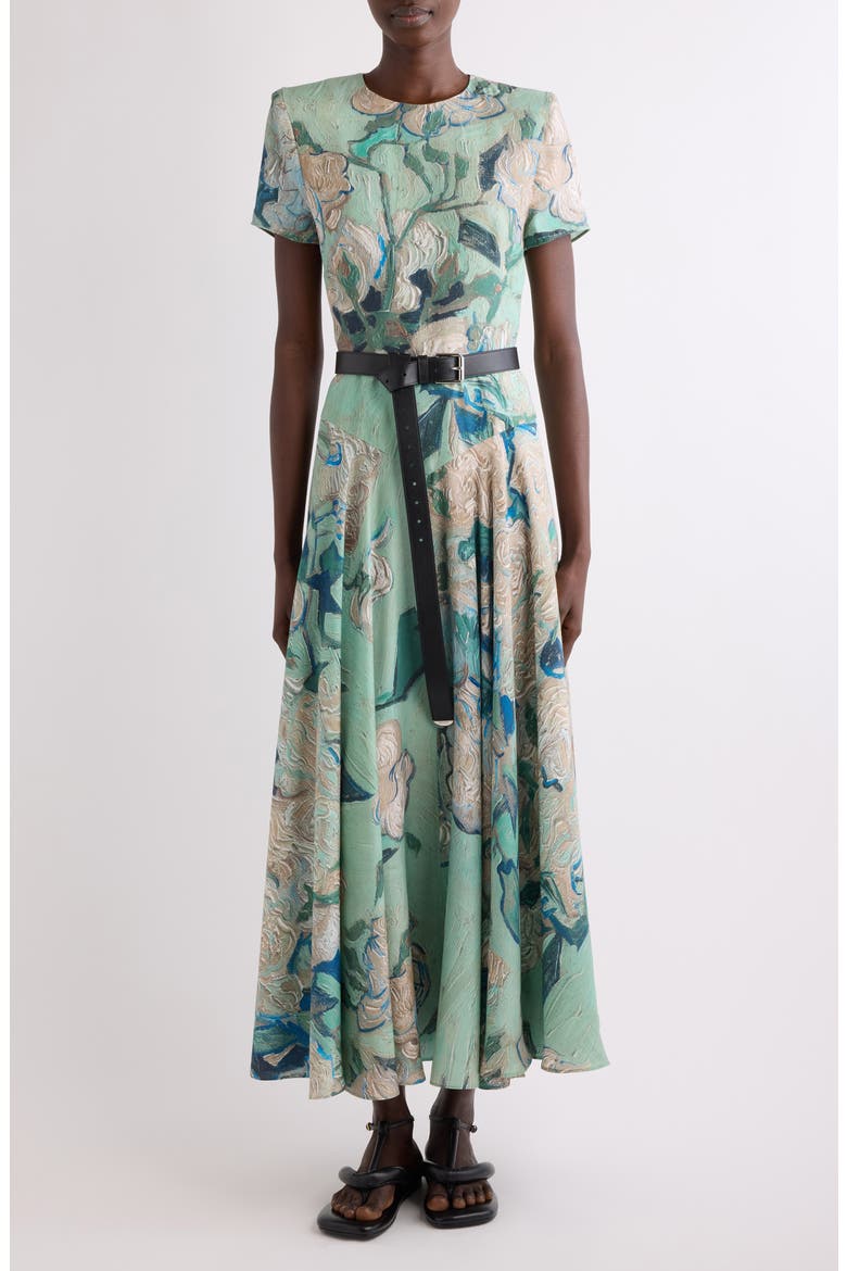 Rose Jacquard Gathered Fit & Flare Dress, Main, color, MINT GREEN
