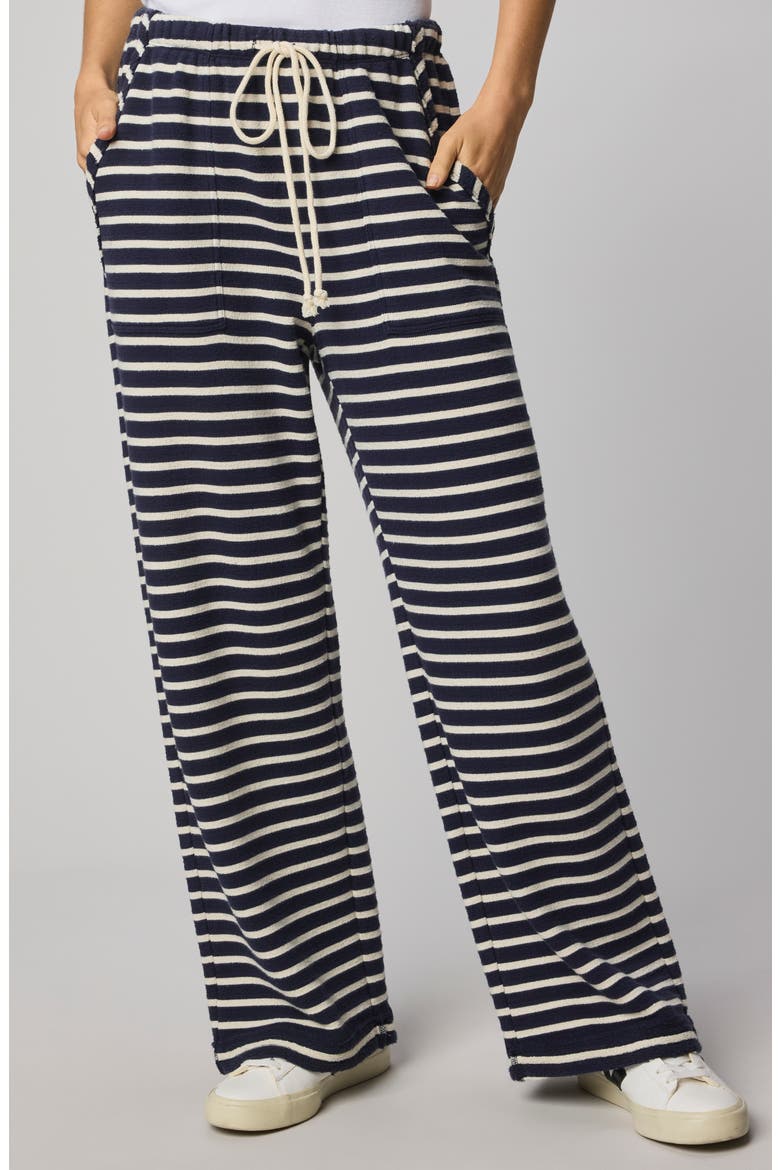 Livie Stripe Tie Waist Wide Leg Terry Pants, Main, color, NAVY BLUE/ MOONSTONE