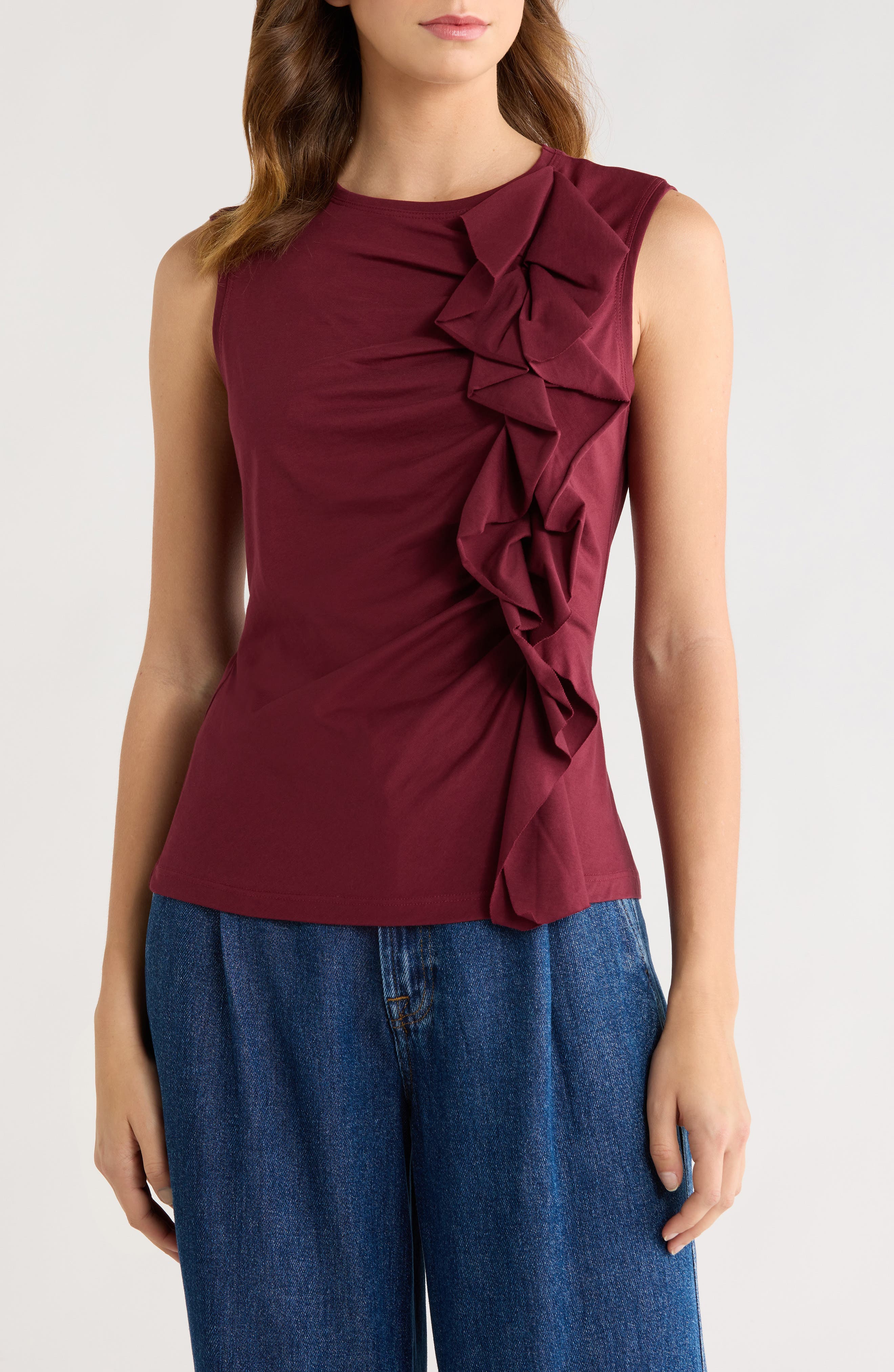 Ulla Johnson Clio Sleeveless Organic Cotton Ruched Top In Burgundy