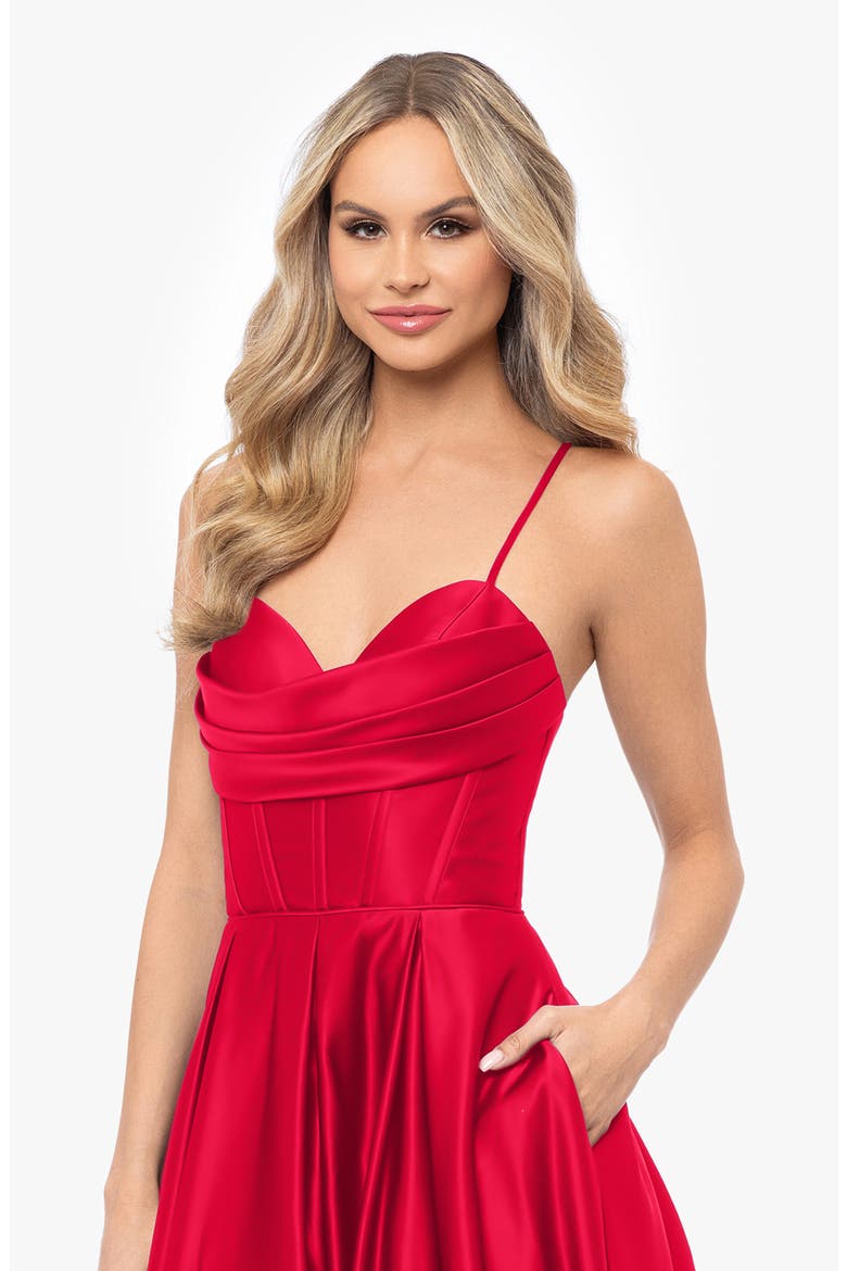 Corset Bodice Satin A-Line Gown, Alternate, color, RED