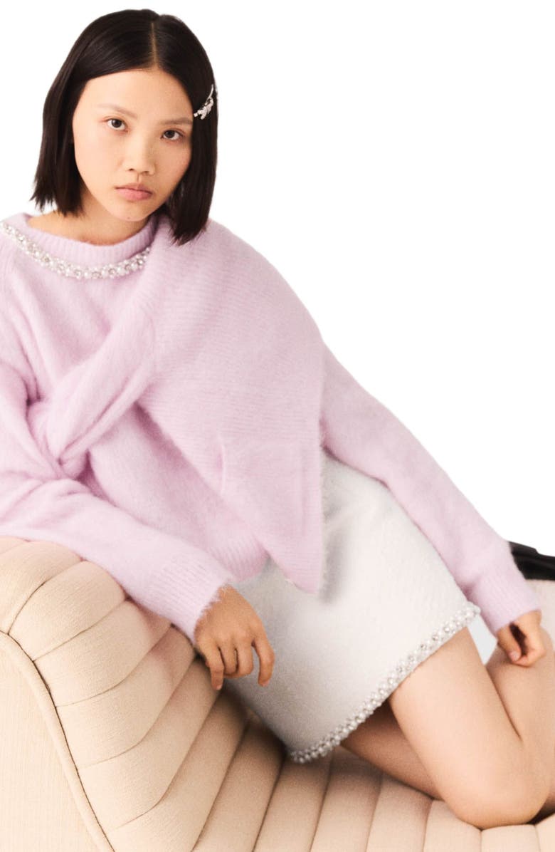 maje Pearl-trim tweed skirt, Alternate, color, Ecru