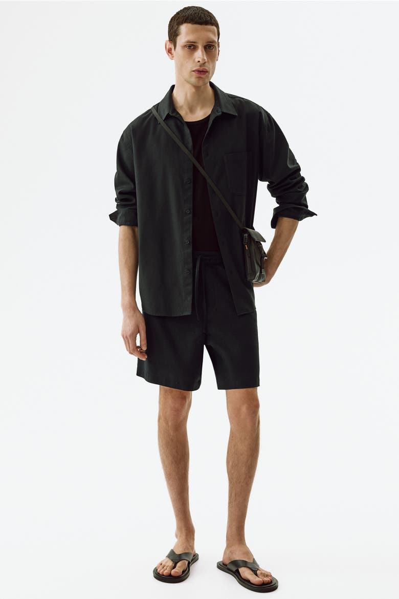 Relaxed-Fit Linen-Blend Shorts, Main, color, Black