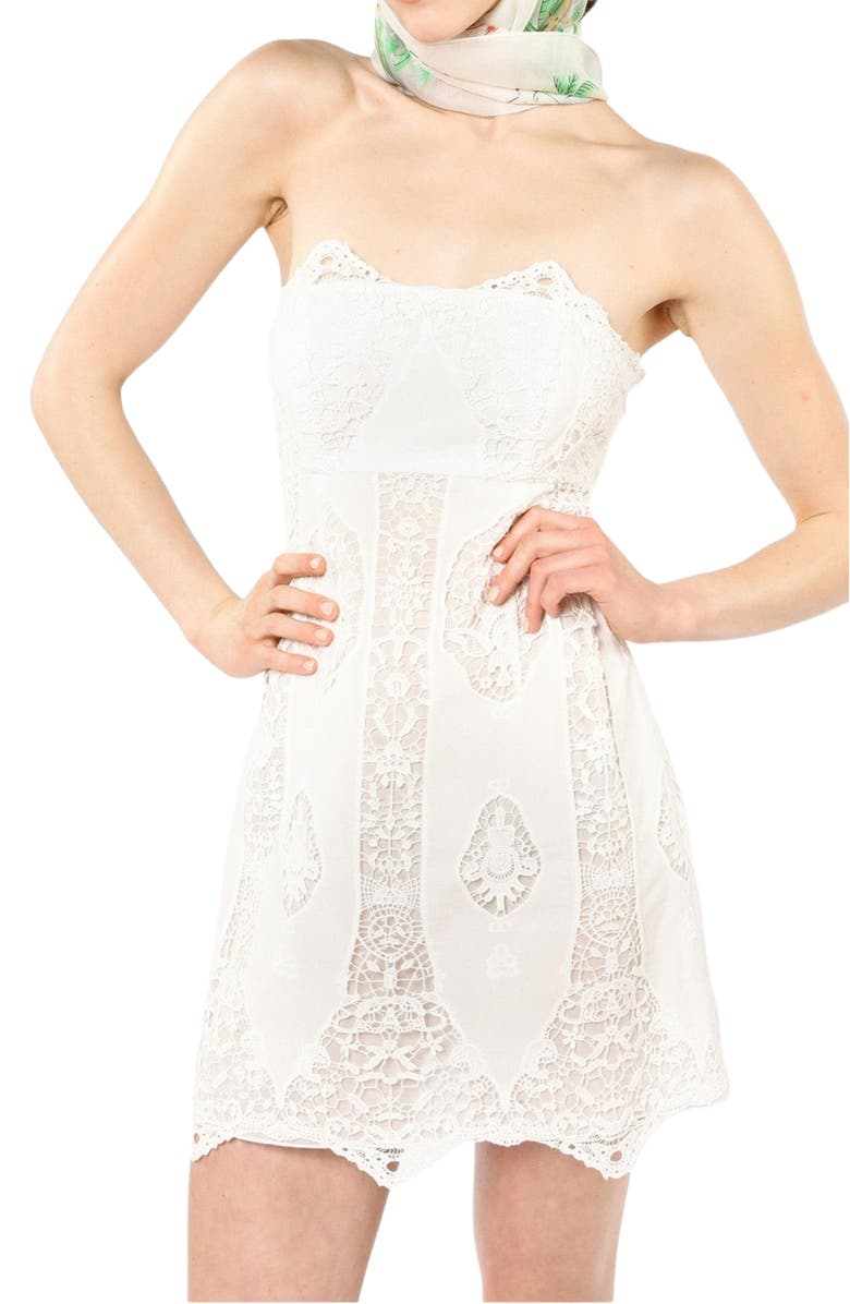 Anna Sui Applique Lace Combo Strapless Dress, Alternate, color, White