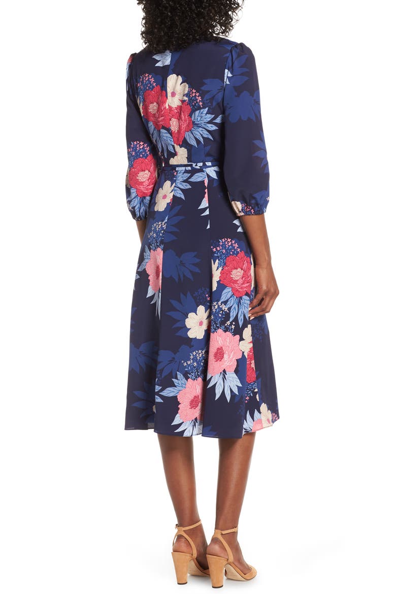 Floral Print Faux Wrap Midi Dress, Alternate, color, NAVY