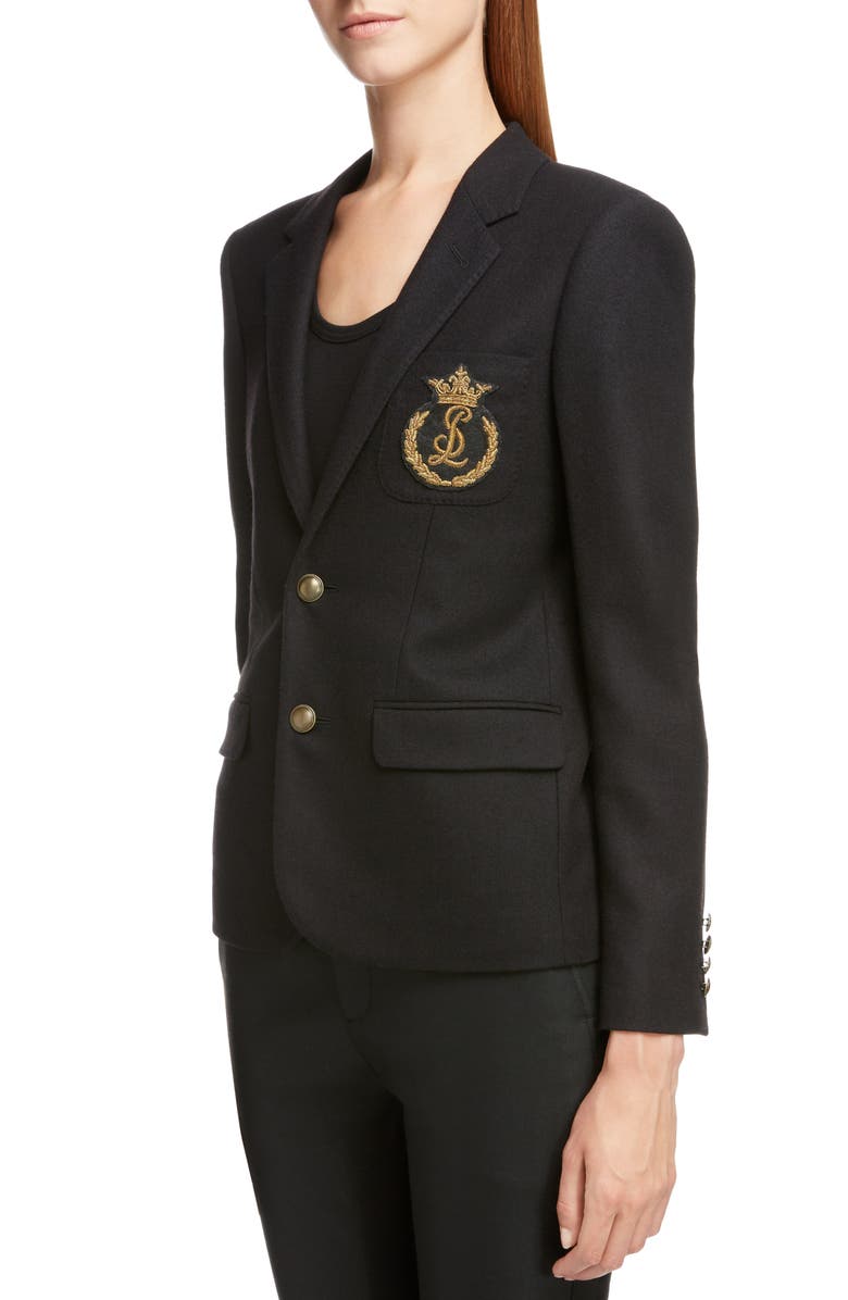 Saint Laurent Crown Logo Patch Wool Blazer, Alternate, color, 