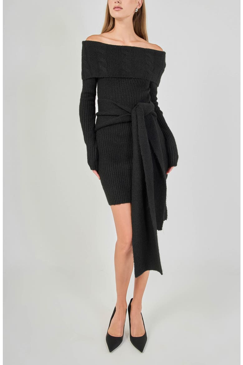 Off the Shoulder Long Sleeve Cable Stitch Sweater Dress with Tie, Alternate, color, BLACK