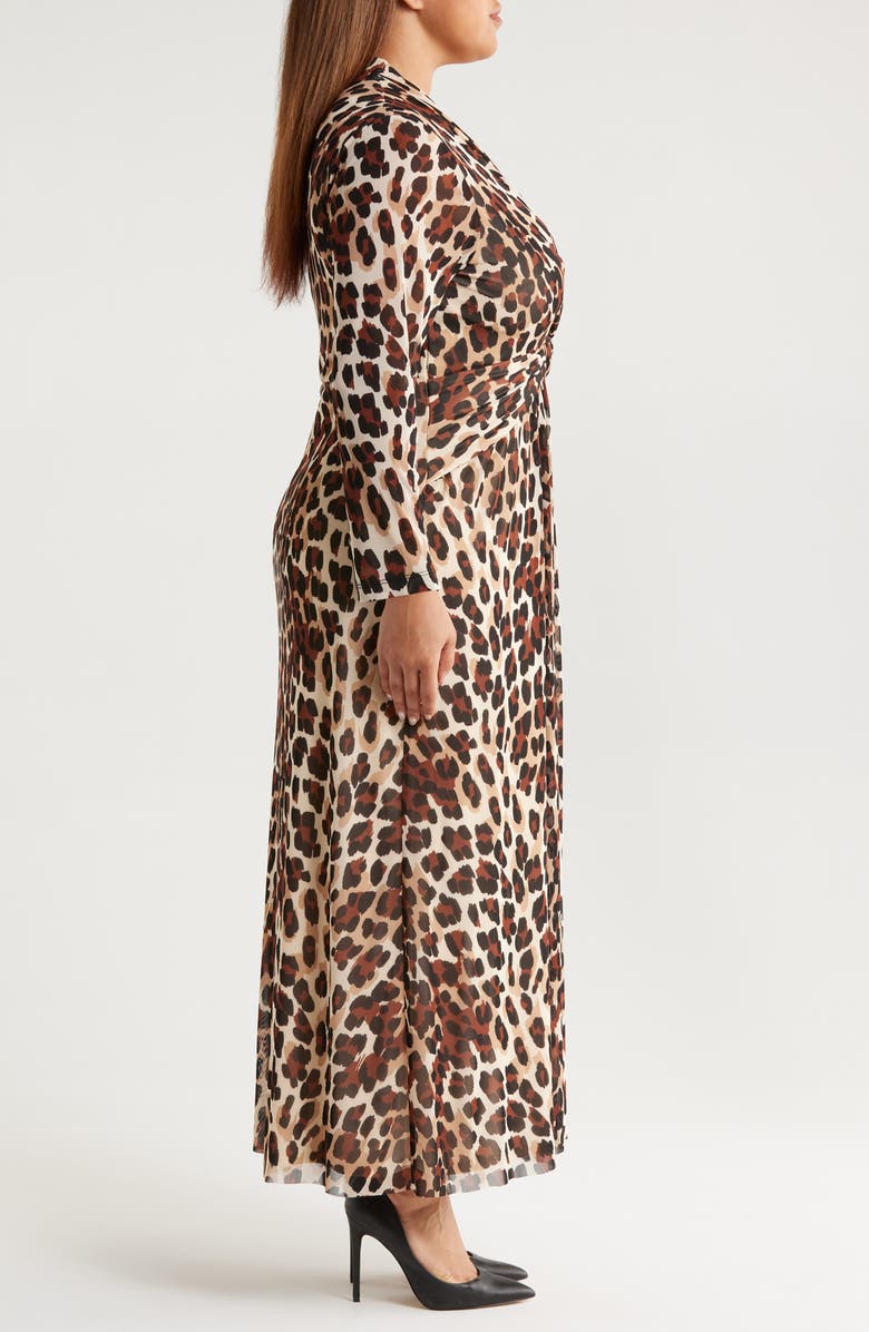 Anne Klein Leopard Print Twist Front Long Sleeve Mesh Maxi Dress, Alternate, color, Ivory/ Brown Leopard Print