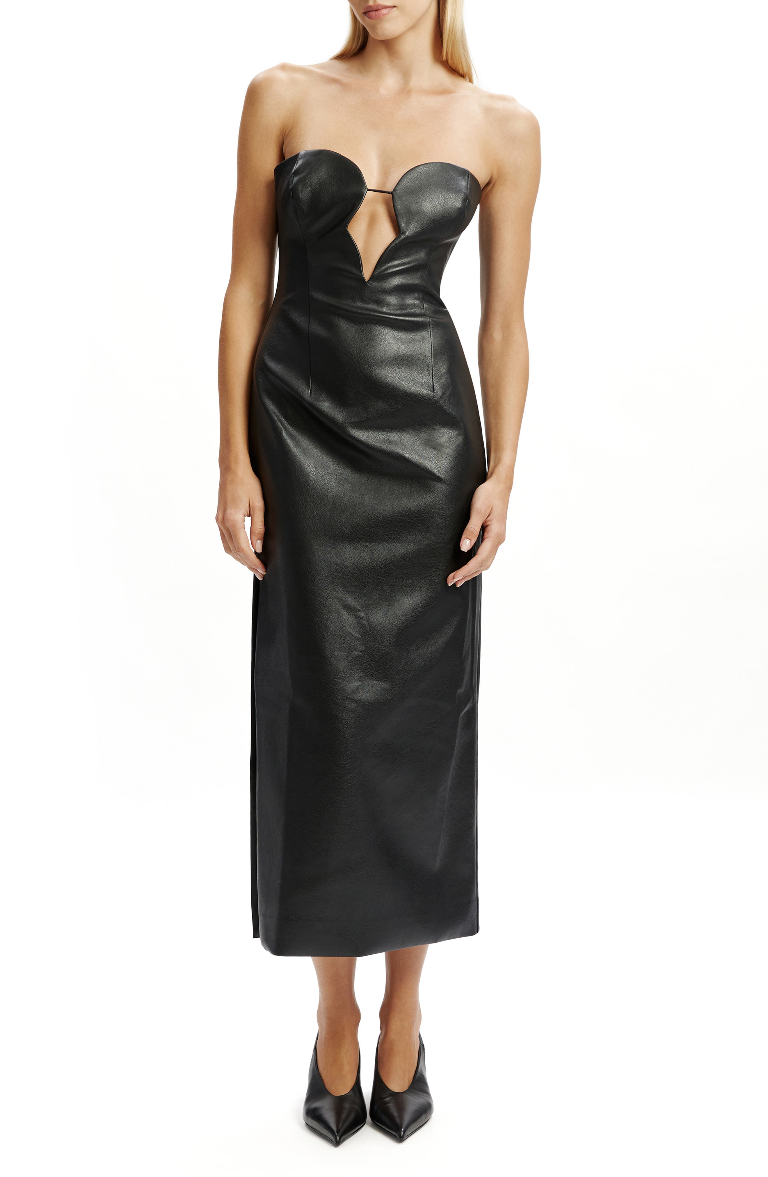 Bardot Eleni Strapless Plunge Neck Faux Leather Midi Dress