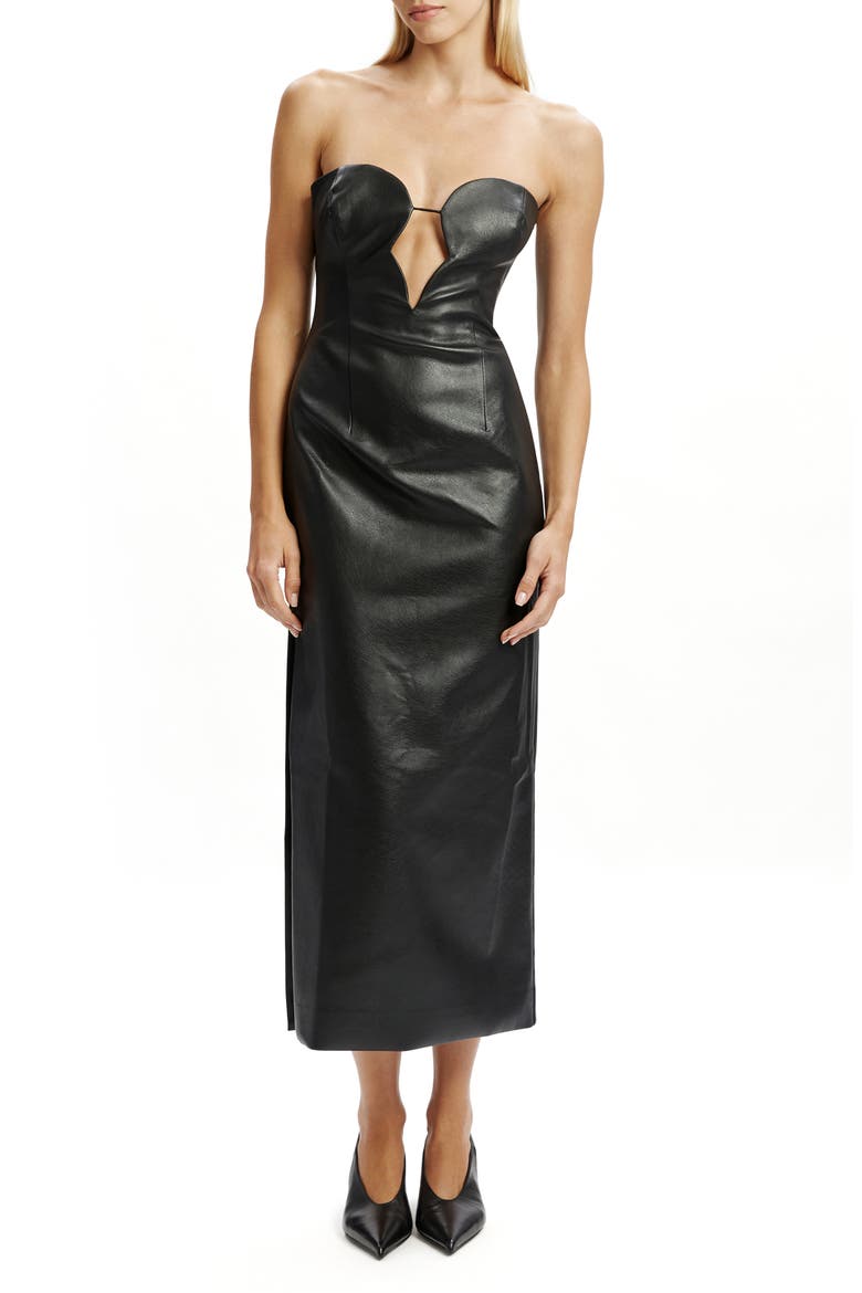 Eleni Strapless Plunge Neck Faux Leather Midi Dress, Main, color, BLACK