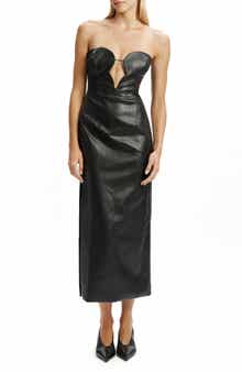 Bardot Eleni Strapless Plunge Neck Faux Leather Midi Dress