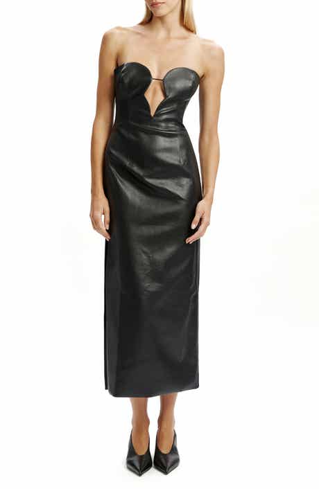 Bardot Eleni Strapless Plunge Neck Faux Leather Midi Dress