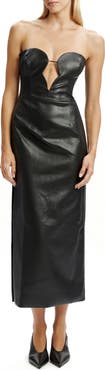 Bardot Eleni Strapless Plunge Neck Faux Leather Midi Dress