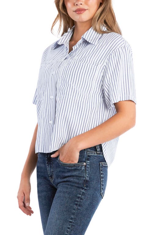 Billy T Spot On Stripe Linen Blend Crop Button-up Shirt In Navy Blue Stripes