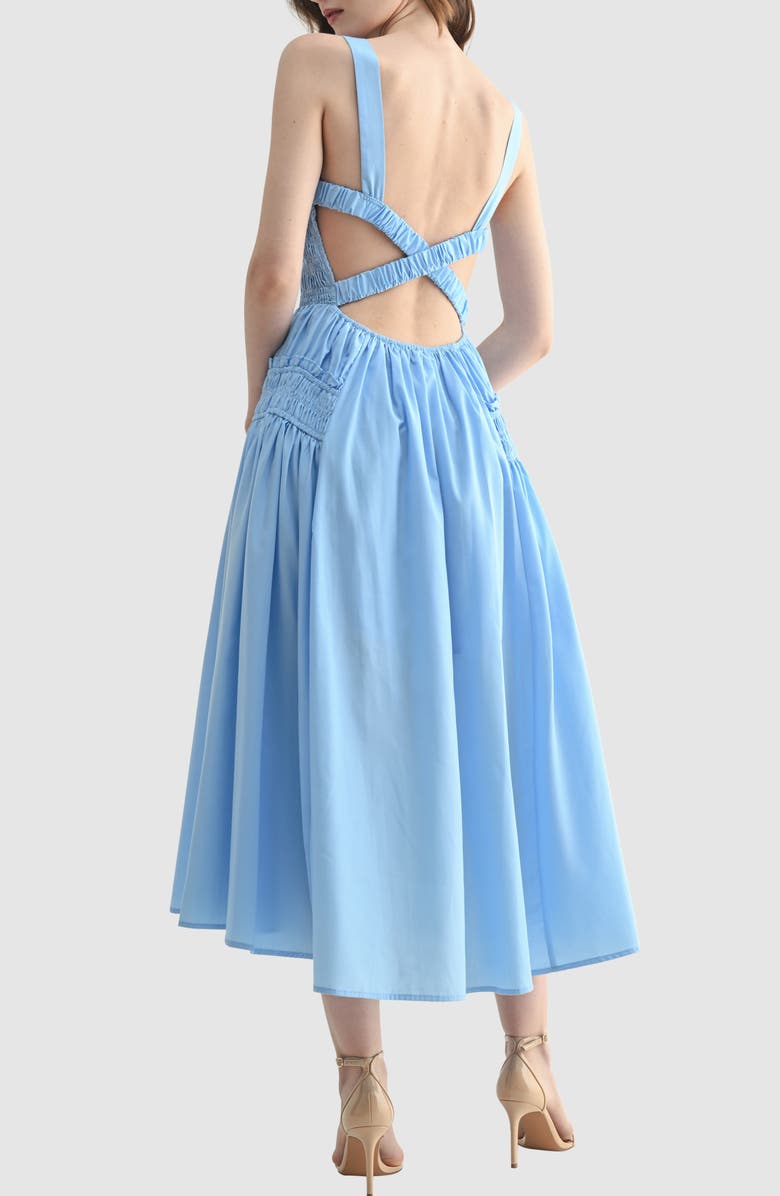 All in Favor Smocked Cross Back Midi Sundress, Alternate, color, Light Blue