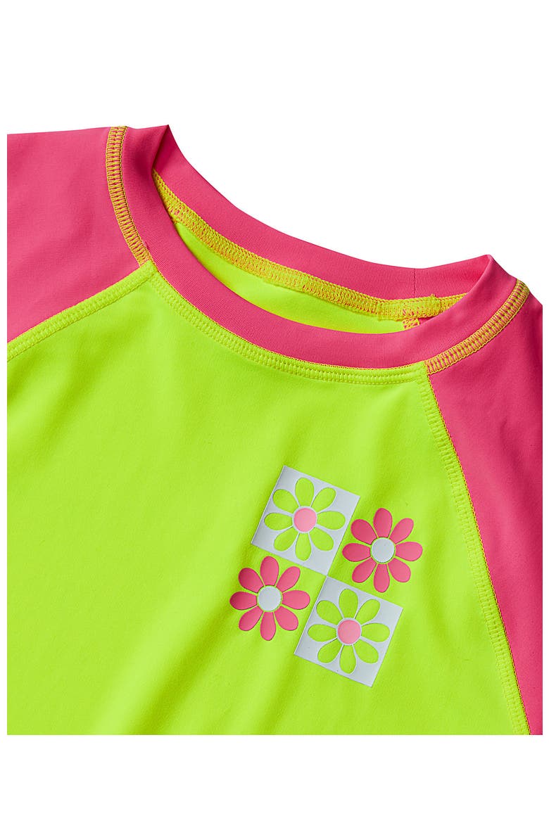 Girls Chlorine Resistant Short Sleeve Rash Guard Swim Top and Bikini Set, Alternate, color, Neon Yellow Floral Check