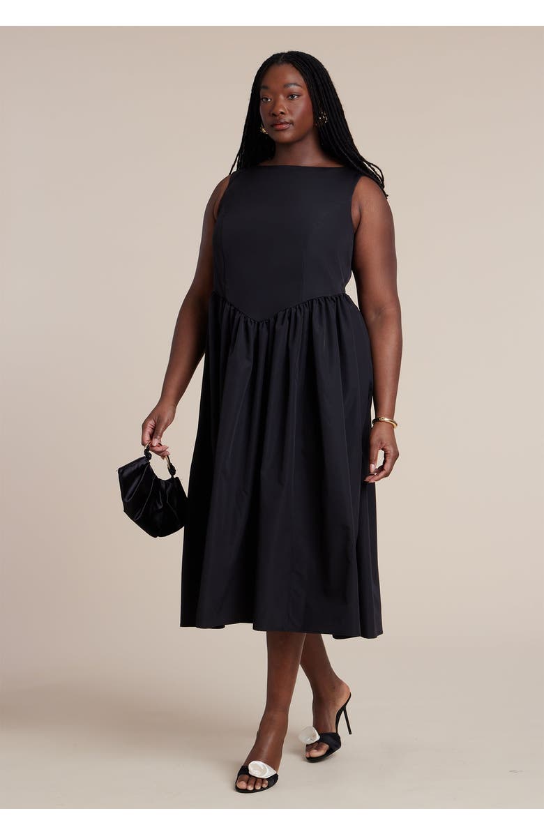 ELOQUII Boat Neck Flare Midi Dress, Main, color, Black Onyx