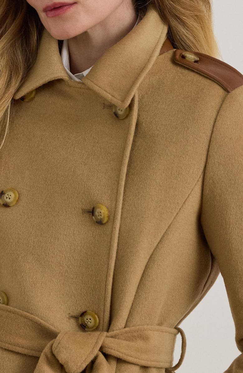 Lauren Ralph Lauren Faux Leather Detail Wool Blend Coat, Alternate, color, Camel