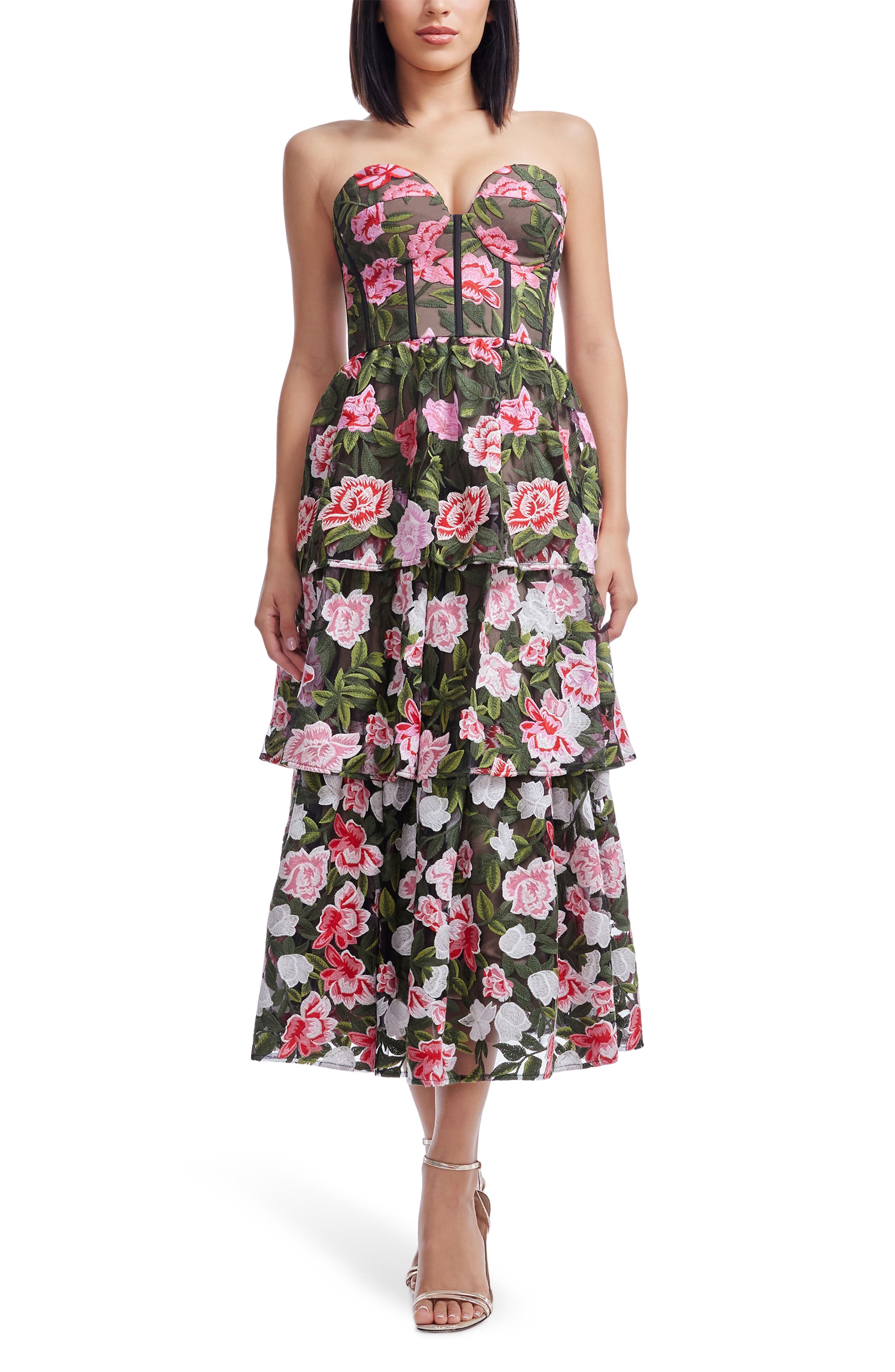 Dress the Population Teigan Floral Embroidered Strapless Cocktail Dress