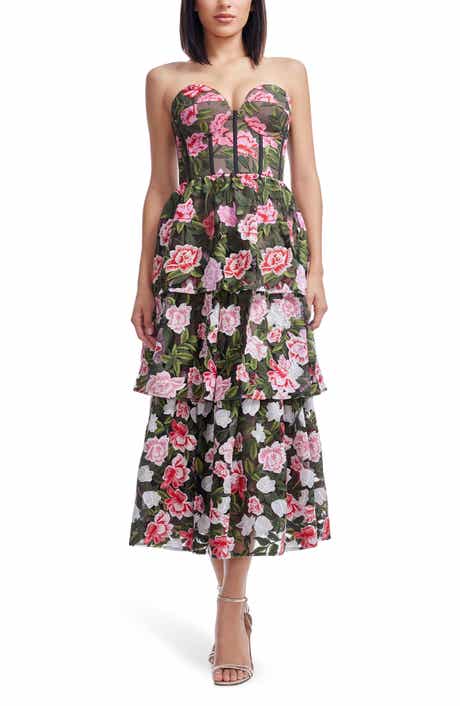 Dress the Population Teigan Floral Embroidered Strapless Cocktail Dress