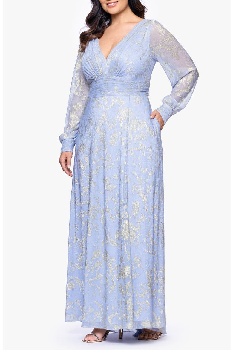 Metallic Jacquard Long Sleeve Gown, Alternate, color, PERI/ GOLD