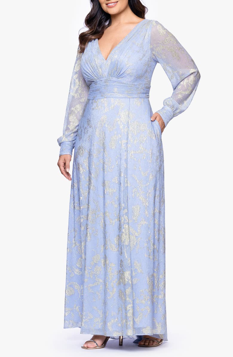 Betsy & Adam Metallic Jacquard Long Sleeve Gown, Alternate, color, Peri/ Gold