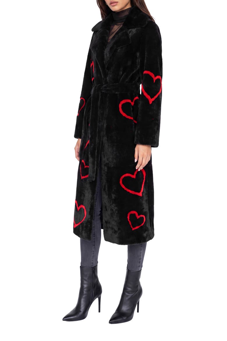 Reversible Genuine Shearling Coat with Heart Intarsia, Belt, Alternate, color, Black/Red