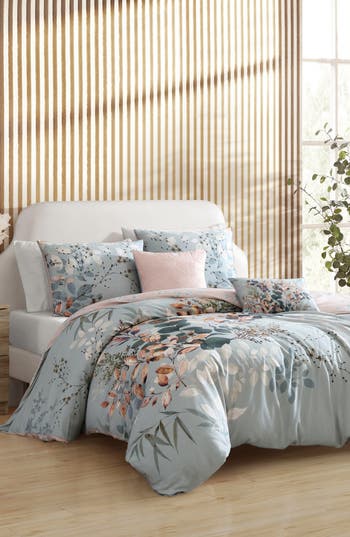 Bebejan Peach Leaves Cotton Reversible 5-piece Comforter Set In Multi