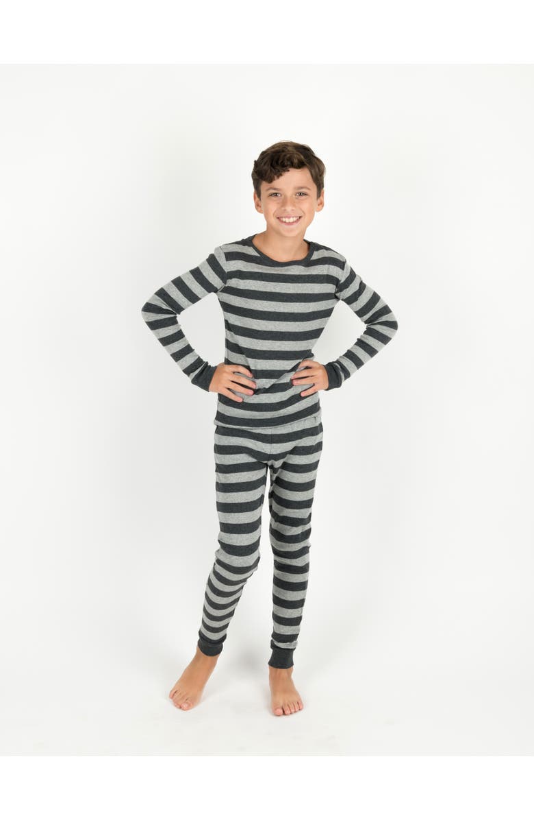 Leveret Kids Cotton Two-Piece Pajamas, Stripes, Solids & Tie Dye, Alternate, color, Striped Dark Gray & Light Gray