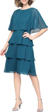SL FASHIONS Beaded Tiered Chiffon Dress
