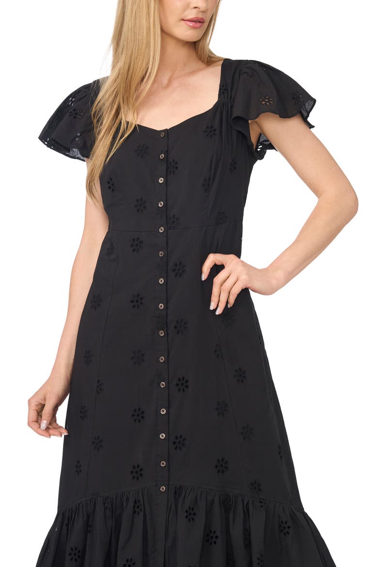 Eyelet Flutter Sleeve Button Down Midi Dress, Alternate, color, RICH BLACK