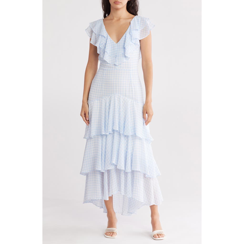 Wayf Floral Ruffle Tiered Dress In Baby Blue Gingham