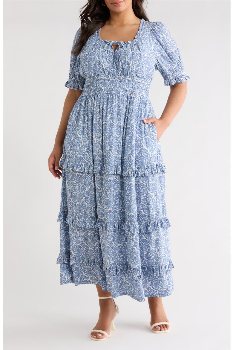 Print Smocked Waist Maxi Dress, Main, color, BLUE LACE ALLOVER