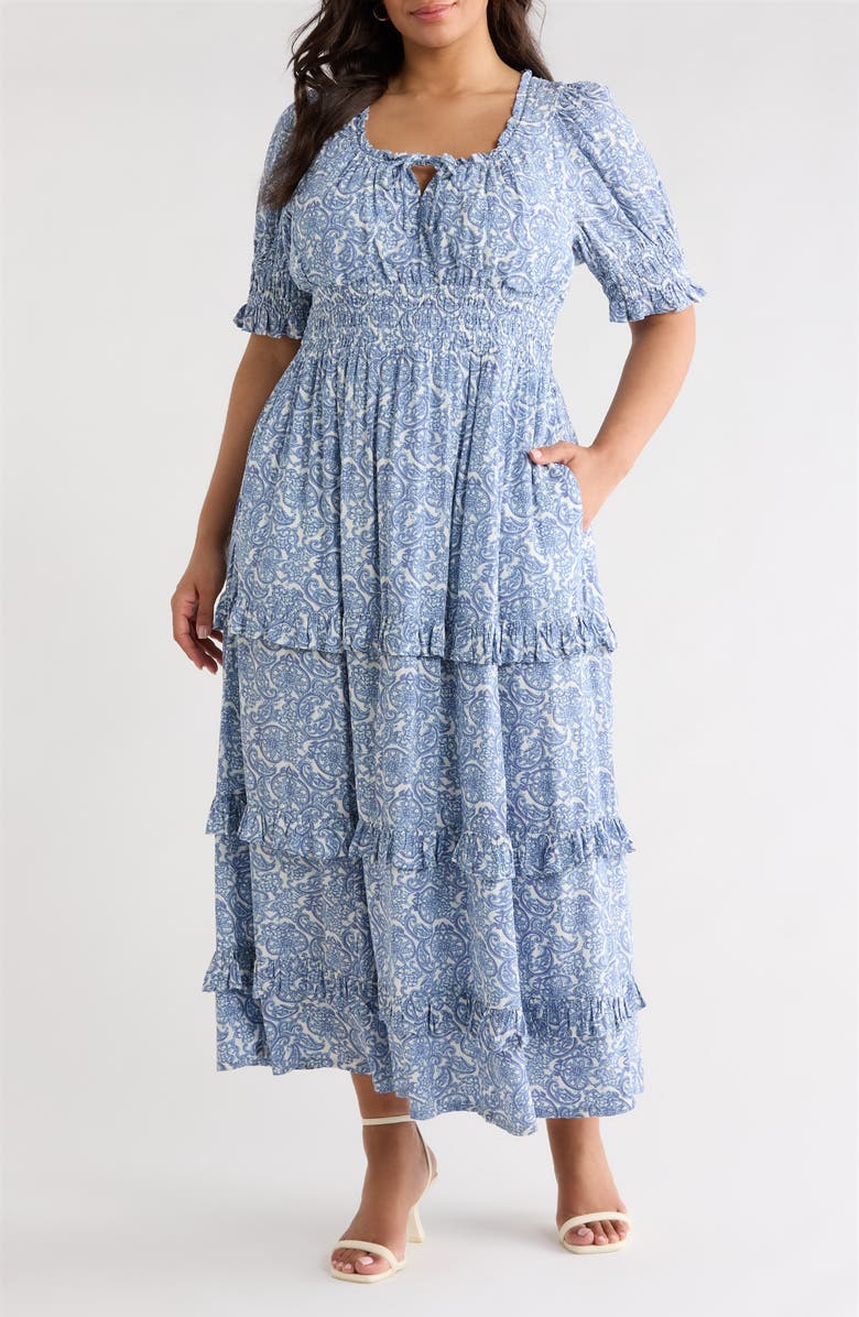 Treasure & Bond Print Smocked Waist Maxi Dress, Main, color, Blue Lace Allover