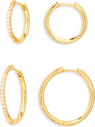 Nordstrom Set of 2 Cubic Zirconia Pavé Skinny Hoop Earrings