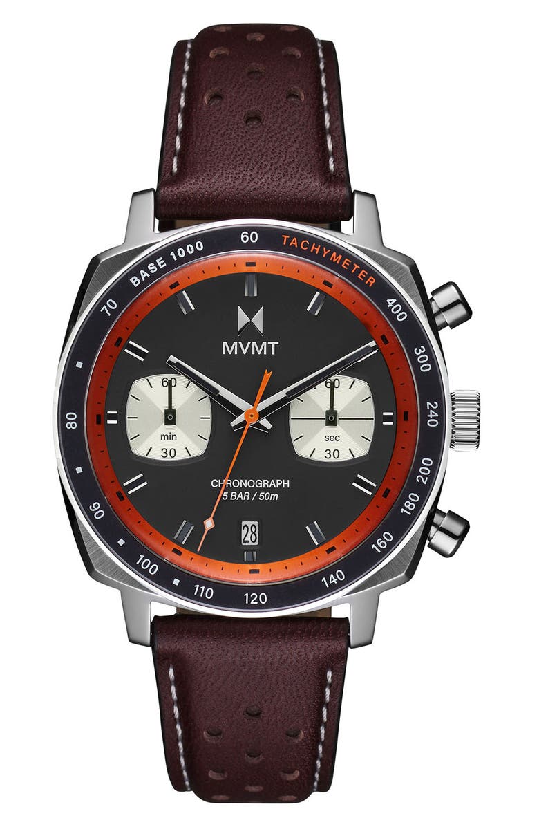 MVMT Mulholland Racer Leather Strap Watch, 42mm, Main, color, Brown