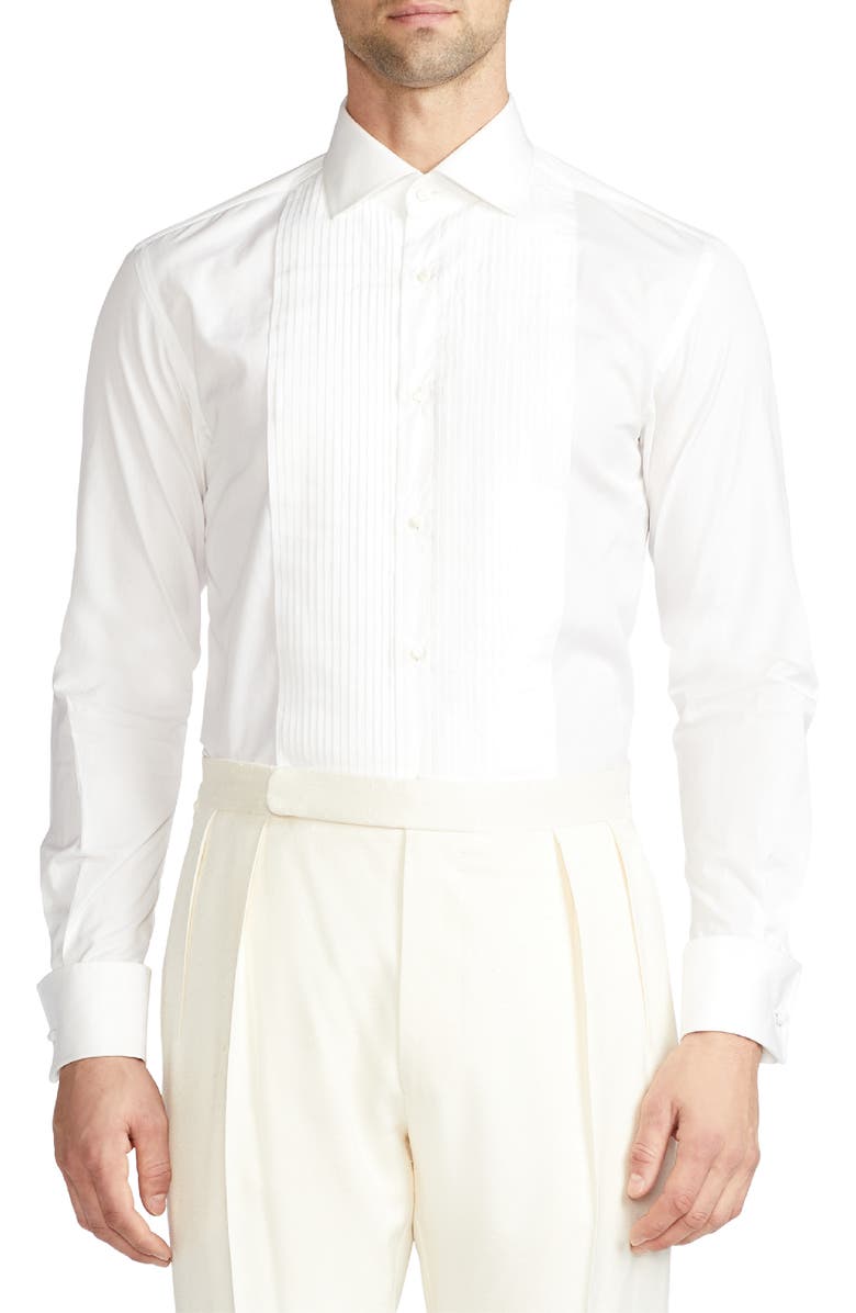Ralph Lauren Purple Label Aston Pleated Cotton Poplin Tuxedo Shirt, Main, color, White