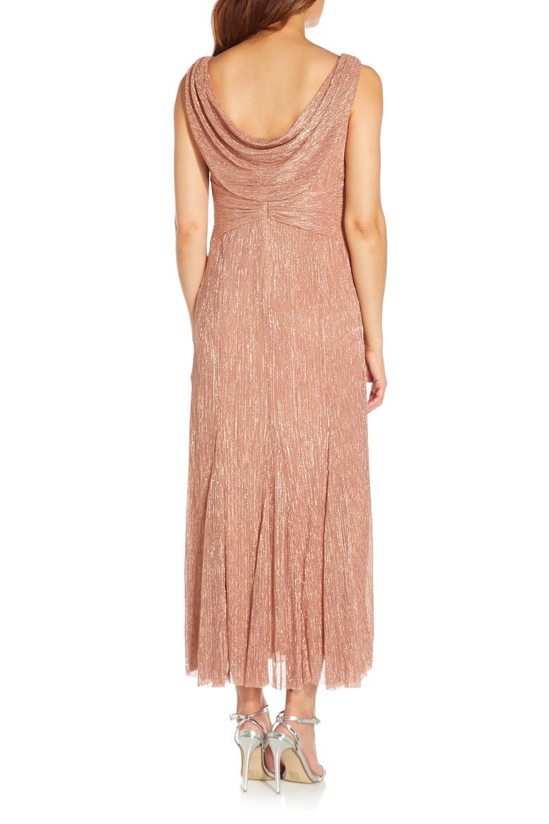 Metallic Plissé Cowl Back Dress, Alternate, color, ROSE GOLD