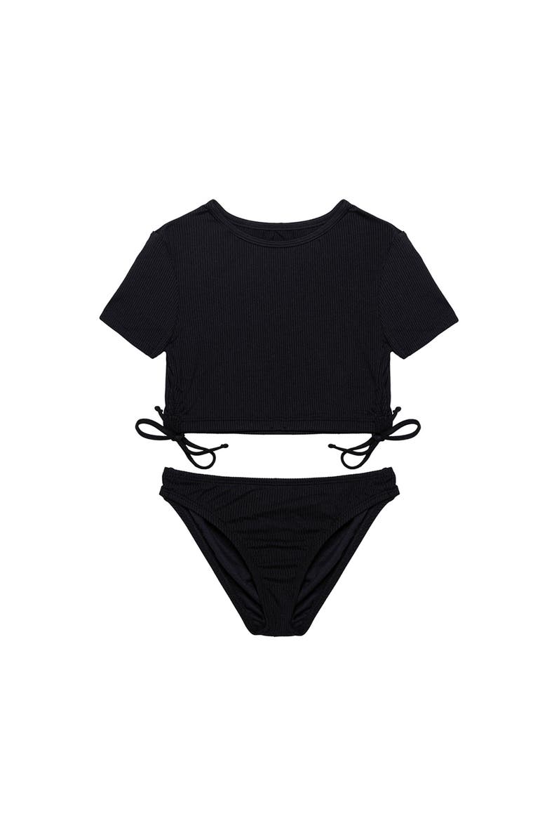 Gottex Kids Freya Rib Short Sleeve Side Tie Swim Set, Main, color, Black